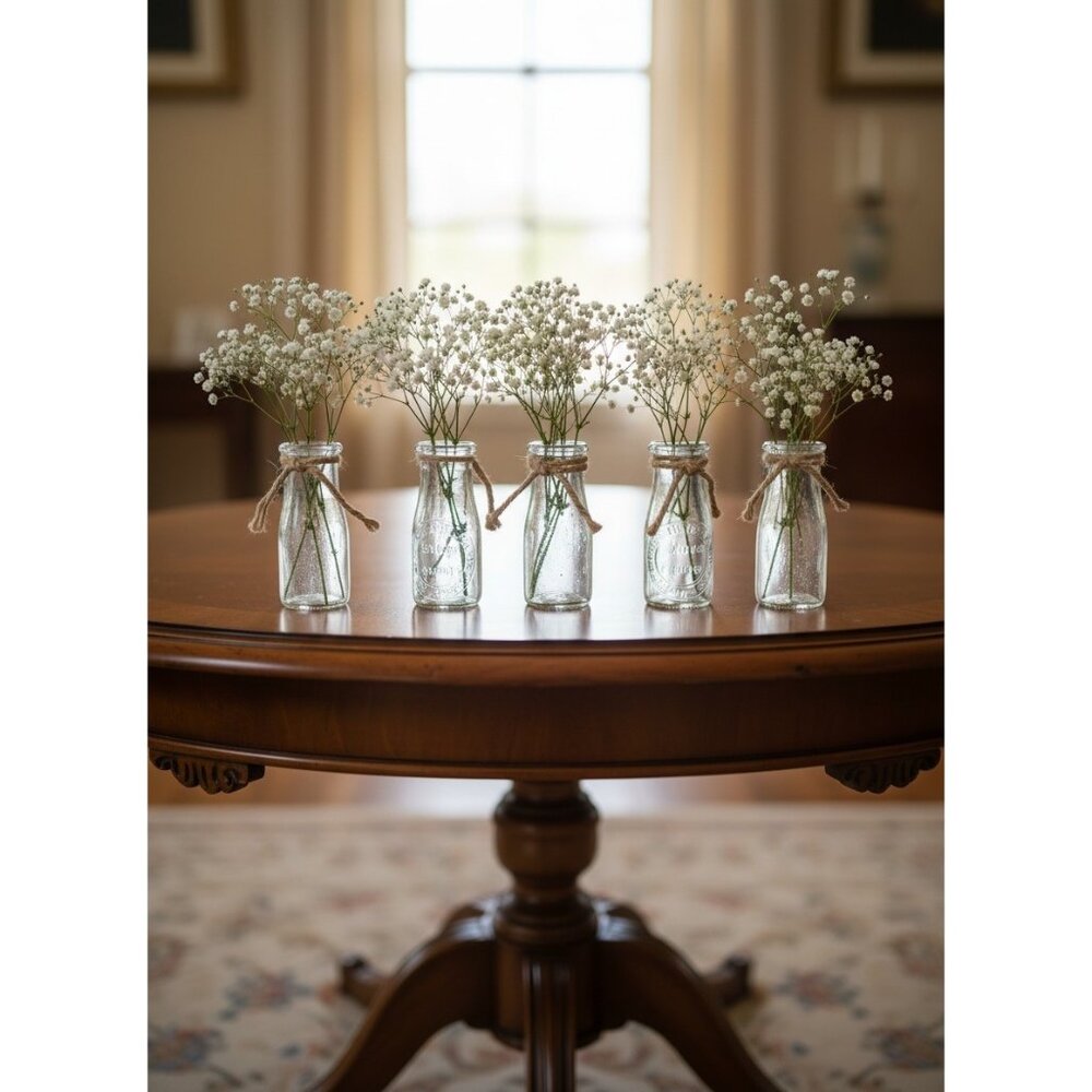 Set Of 5 Clear Glass Milk Bottle-Style Vases With Twine Rope Tied Around Neck 5.